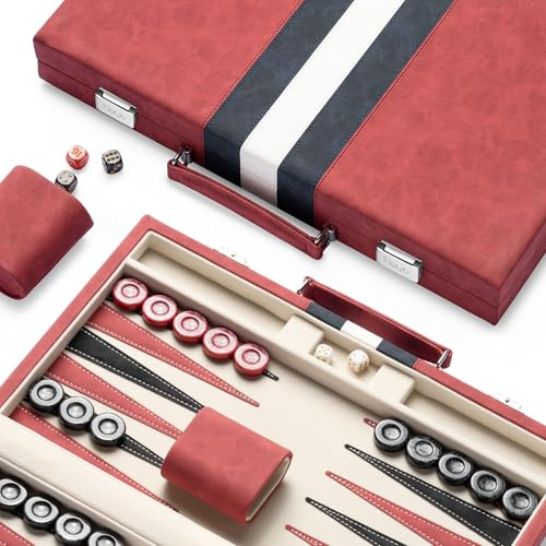 Lingle 15inch Backgammon Sets for Adults, Classic Board Game with Folding Leather Backgammon Case, Faux Leather Exterior and Velvet Interior, Portable Travel Game Set (Red)