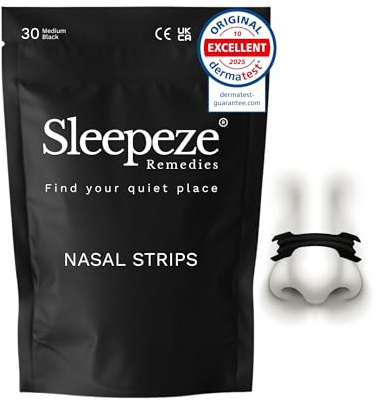Sleepeze Remedies Bandelettes Nasales Moyen Noir, 30 Bande Nasale Anti ronflement pour nez Congestionné et Améliore Oxygénation, Premium Nose Strips forte tenue pour Sport et Sommeil, Ecarteur Nasal