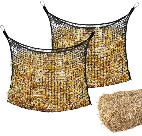 Red de heno de 2 piezas, 90 x 60 cm, red de heno para caballos, bolsa de heno para caballos red de alimentación para heno para alimentación adecuada para especies negras