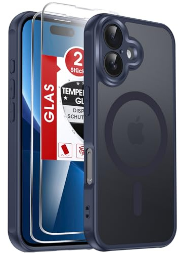 LeYi Funda para iPhone 16 Compatible con MagSafe Magnética, con 2× Cristal Templado, Carcasa Translúcido Esmerilado Grado Militar Antigolpes Case, Azul