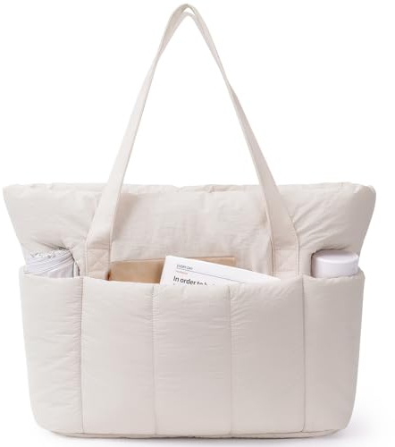 Narwey Work Tote Bags for Women, Large Puffer Teacher Laptop Tote Bag with Zip, Ladies Handbags Shoulder Bag for School College Shopping Work Travel Gym Beach (Beige)