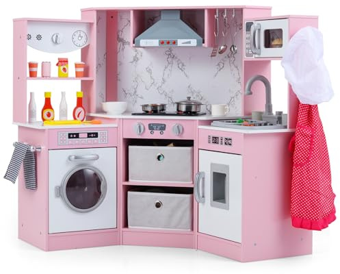 GOPLUS Cuisine d'angle pour Enfant, Cuisine en Bois avec Lumières et Sons Réalistes, Machine à Laver, Accessoires et Rangement, Jouet de Cuisine Imaginative de Petits Chefs pour 3+ Ans (Rose)