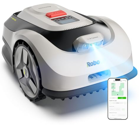 RoboUP Raccoon 2 SE Robot Tondeuse - 600m², Robot Tondeuse Vision sans RTK, Prêt à l'emploi, Tonte en U Forme, 5Ah Recharge Rapide & 150mins Autonomie Longue, Ajustez Électriquement Hauteur de Tonte