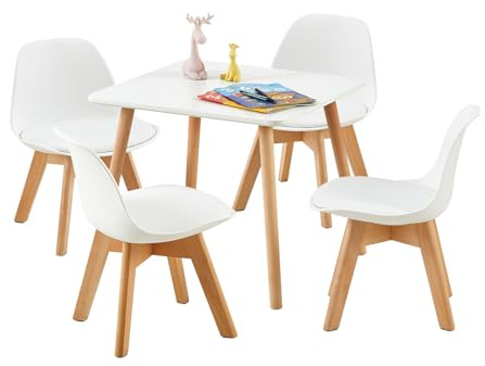 EGGREE Table pour enfant avec 4 chaises, groupe de sièges pour enfants, en bois de hêtre massif FSC durable, meubles pour enfants de 1 à 6 ans, meubles pour chambre d'enfant, jardins d'enfants, blanc
