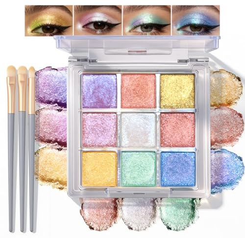 9 Färger Kameleont Ögonskugga, Skimmer Ögonskugga Palette med Borstar, Multikrom Ögonskugga Highlighter, Mycket Pigmenterad Metallisk Ögonskugga för Fest Carvinal Festival Ögon Makeup, Set B