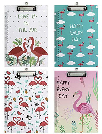 LAHAUTE 4er-Set A4 Klemmbrett/Schreibmappe/Clipboard Konferenzmappe Holz mit Klemme aus Robustem Metall (Flamingo)