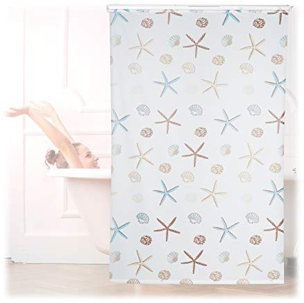 Relaxdays Cortina de Ducha Ocean, Diseño marítimo, Soporte de Techo, Semitransparente, 140x240cm