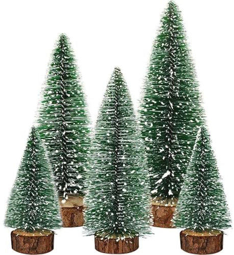 Dream Loom Artificial Mini Christmas Trees, A Set of 5pcs Miniature Sisal Frosted Christmas Trees Bottle Brush Trees for Xmas Home Tabletop Decor (Green)