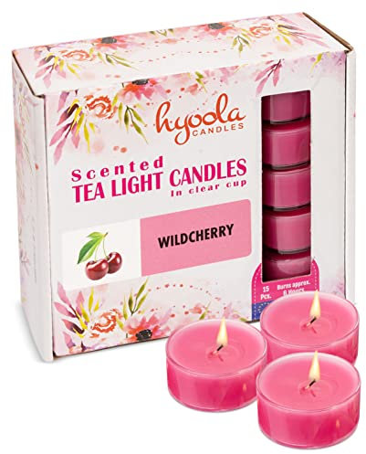 Hyoola Duftkerzen Teelichter - Durchsichtige Behälter - Wildkirsche Teelichter Duft - 6 Stunden Brenndauer - 15 Stück - Duft Teelicht - in Europa Hergestellt