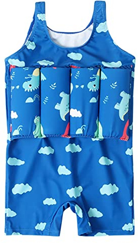 IWEMEK Boy Girls Floatation Swimsuit with Adjustable Buoyancy Baby Swim Vest Life Jacket Summer Training Float Suit One Piece Floating Swimwear Safety Pool Bathing Suit for Kids Dark Blue 2-3 Years