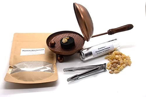 Scentolino Räucherset 5-teilig – Räucherpfanne 22 cm, Zange, Kohletabletten, Räuchersand & Weihrauch – Komplettset für Räuchern auf Kohle