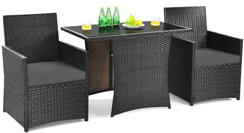 DORTALA Wicker Patio Bistro Set 3 Piece, Outdoor Table and Chairs with Tempered Glass Tabletop, Cushions, Small Rattan Furniture Conversation Sofa Set for Balcony, Porch, Backyard, Deck, Grey