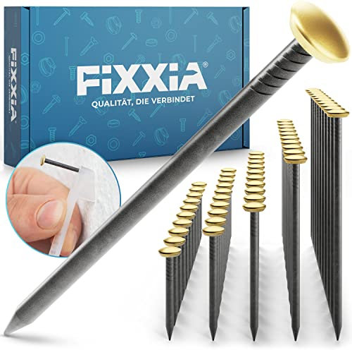 FIXXIA 50 Stahlnägel mit goldfarbenen Kopf gemischte Längen 20/25/30/40/50mm, Bildernägel, Nägel zum Bilder aufhängen, Bildaufhänger, Betonnägel, Aufhänger für Bilder (mit Einschlaghilfe)