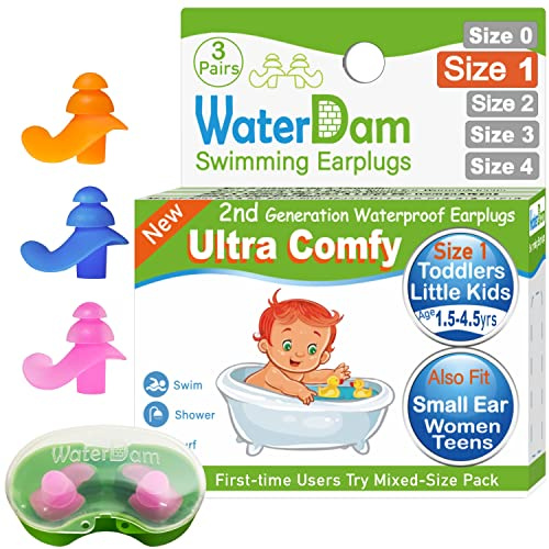 WaterDam Bouchons d'oreille de natation super imperméables ultra confortables pour éviter les oreilles du nageur (taille 1 + 1 + 1 : tout-petits, adolescentes et femmes (orange, bleu, rose)