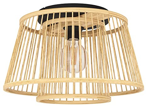 EGLO Deckenlampe Hykeham, Deckenleuchte mit 2 Lampenschirmen aus Bambus, Boho Wohnzimmerlampe aus natürlichem Holz und Metall in schwarz, Holzlampe mit E27 Fassung