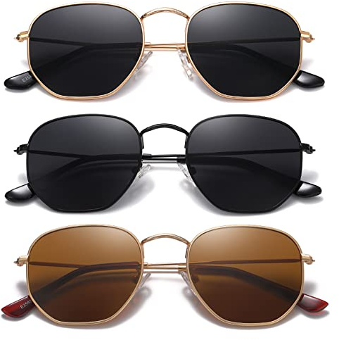 MEETSUN Polarized Hexagon Sunglasses for Women Men Polygon Square Sun Glasses UV400 Protection Metal Frame 3Pack Gold Gray+Black Gray+Gold Brown