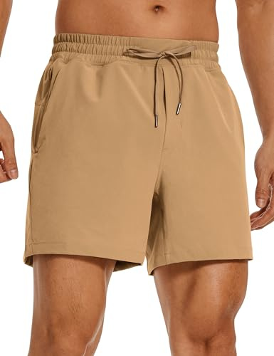 CRZ YOGA löparshorts för män – 12,7 cm elastisk midja gym lätt andningsbara sport atletiska shorts med fickor, Kaki sand, L