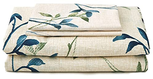 JSD Beige Leaves Print Sheet Set Cal King, 4 Piece Soft Botanical Microfiber Sheets Extra Deep Pocket Wrinkle Free