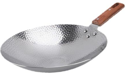 Housoutil Padella Wok in Acciaio 22cm Manico in Legno Ergonomico Padella Antiaderente Per Cottura Professionale Friggere e Cucina All'aperto