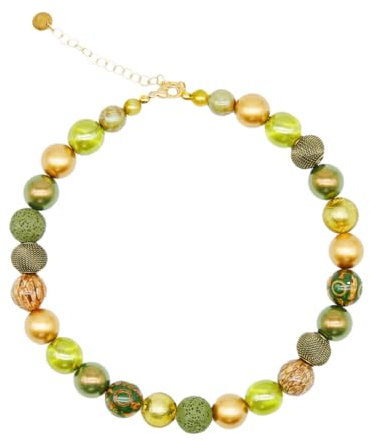 Feliss Handmade: Ketten aus Perlen, Halskette Damen. Statement Kette 45 cm lang in Boho Style. Choker Halsband, aesthetic Necklace Schmuck. Beads Perlenkette für Frauen in grün mit Keramikperlen