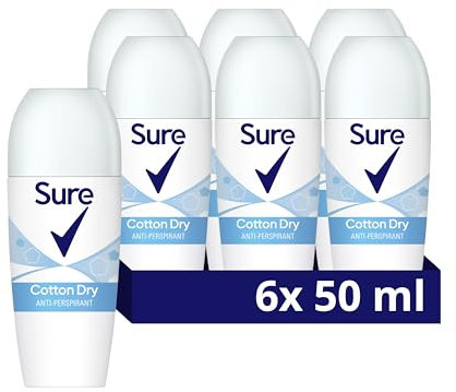 Sure Cotton Dry Women's Deodorant with a clean fragrance inspired by fresh cotton sheets Anti-Perspirant Roll On and 48 hour sweat and odour protection 50 ml, Pack of 6