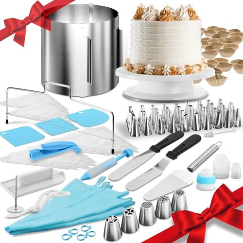 4smile All-in-one Torten Zubehör Set + Tortenring verstellbar hoch 15 cm + Tortenplatte drehbar + Tortendekoration - Backset Backzubehör für Torten als Erstausstattung für Hobbybäcker