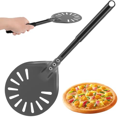 Pizza Turning Peel with Long Handle, Aluminum Pizza Peel Spinner, Perforated Pizza Turner, Professional Pizza Server Cake Spatula Pans Pizza Stone Oven Gril Baking Tool for Homemade Pizzas, Pastries