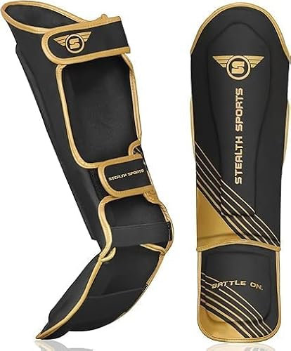 Stealth Sports Espinilleras - Protector de pierna de boxeo Muay Thai para artes marciales, kickboxing, BJJ, karate, taekwondo - Espinilleras reforzadas de piel sintética MMA - Empeine de pierna con