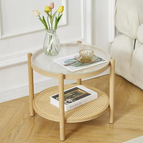 COSVALVE Boho Rattan Coffee Table, Round Glass Metal End Table, Modern Simple 2 Tier side Table for Sofa Bed Side Small Space Living Room Bedroom Office Meeting Room