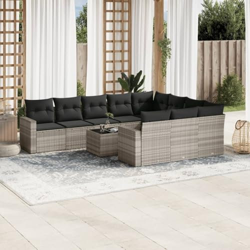 Homgoday Juego de 11 sofás de jardín con cojín, muebles de jardín, balcón, balcón, muebles de jardín, sofá de jardín, salón, sofá, balcón, sofá, jardín, gris claro, poliratán