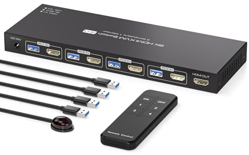 PVBCTCSID 8K HDMI KVM Switch 4 Computers 4K144Hz EDID 4 Port KVM for 4 PC Sharing 1 Monitor and 4 USB 3.0 Devices with Remote Control