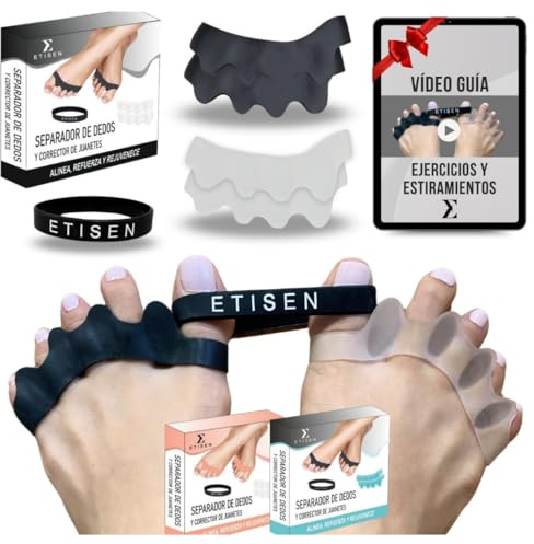 ETISEN, Separadores de Dedos de los Pies, (2 pares = 2 niveles) + Banda Anti-Juanetes, separador dedos pie, espaciador de dedos, corrector de dedos, restaurar los pies, 0% BPA, (Negro y transparente)