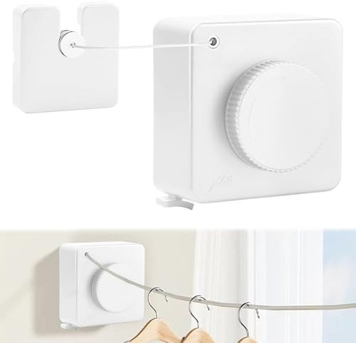 Stendibiancheria Retrattile, 4,8M Filo Stendibiancheria in Acciaio Inox Filo per Stendere il Bucato da Esterno Linea di Lavaggio Installazione Senza Fori, per Casa, Giardino (Bianco)