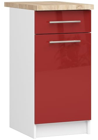 AKORD | Küchenschrank mit Arbeitsplatte - Oliwia S40 | Küchenunterschrank mit Tür, Schublade und 2 Einlegeböden | Unterschrank Küche 40 cm Breit | ABS-Kante 18 mm | 46 x 40 x 85 cm | Weiß & Rot Glanz
