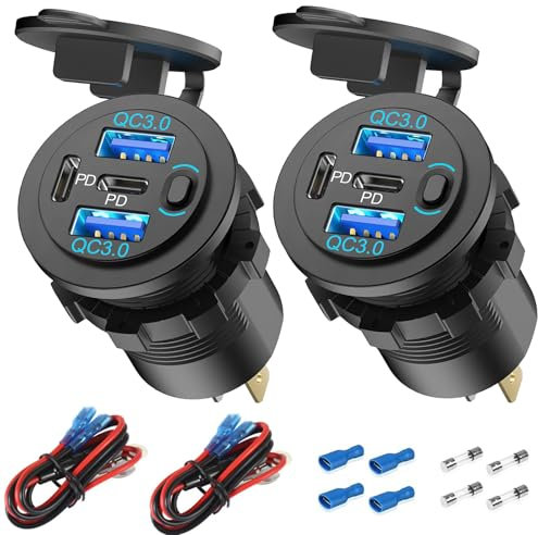 2 Paquete 78W Toma USB 12V Cargador de Coche, Super Rápido Doble PD3.0 & QC3.0 Múltiples Puertos USB para Coche, USB C Encendedor de Repuesto Enchufe de 12 Voltios Impermeable para Marina Barco Moto