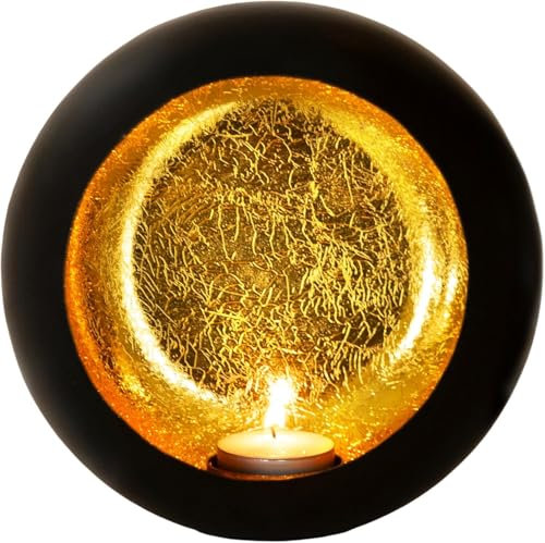 Tea Light Holder Black Gold Rechaud Candle Holder Lantern Metal Tea Light Holder Round Wall Tea Light Holder (Diameter 19 cm x 10 cm)