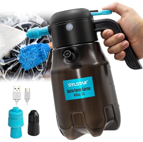 SYLSTAR Schaumsprüher Auto 2L, 7.4V Pumpsprühflasche mit 4,2 Bar Leistungsstarkem Akku und 2 Düsen für Auto Waschen, Schaumsprüher Akku für Autodetailing, Autoreinigung (Schaum/Wasserstrahl)