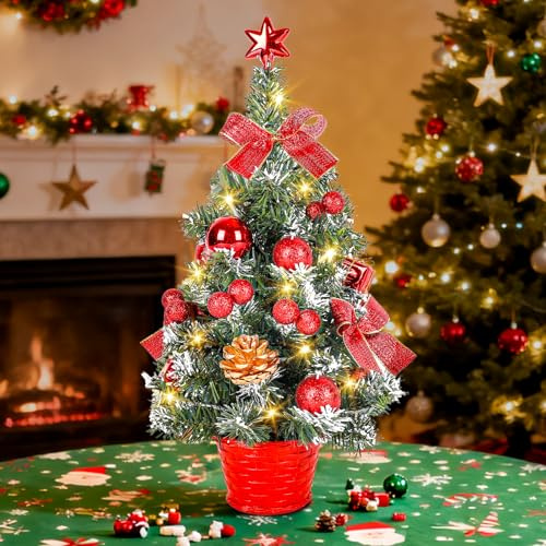 Greyghost Small Christmas Tree with Lights, 45CM Pre-Lit & Pre-decorated Desk Tree with Star Topper, Red Artificial Mini Christmas Tree for Home Office Tabletop Decor, Indoor Christmas Trees Gift