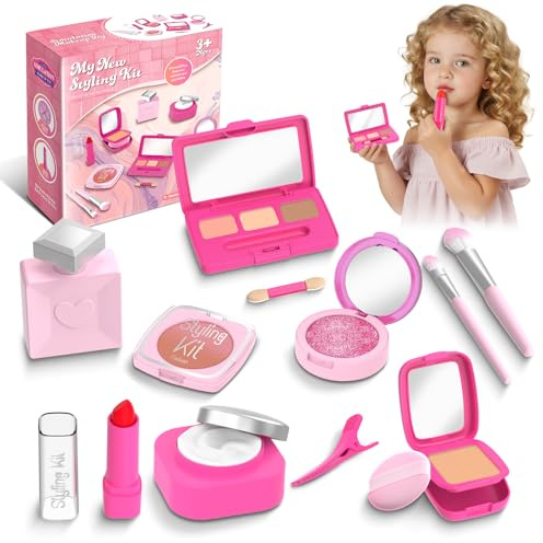 Vattikam Kids Make Up Set, Pretend Play Make Up Toy for Little Girl 3+ Years Old, Non-Toxic Fake Cosmetics with Lipstick, Mirror, Brushes, Hair Clip (Pink)