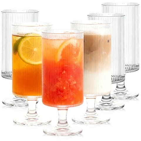 6Pcs Ribbed Vintage Wine Glasses, 12 oz Clear Fluted Water Goblet Glasses, Vintage Clear Cocktail Cups Ideal for Entertaining Parties Dishwasher Safe Perfect for Wine Whisky Champagne Juices and More