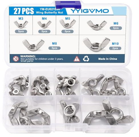 YYIGVMO 27 Stücke 6 Größen M3 M4 M5 M6 M8 M10 Flügelmutter 304 Edelstahl Satz, Hand Schraub Flügelmuttern, für Heimwerker DIY Tools Elektronische Geräte Hardware