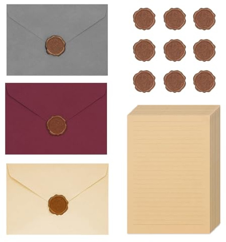 Set med 45 stycken vintagebrevpapper med kuvert, skrivset, 9 kuvert och 9 vaxsigiller, för födelsedagar, bröllopsinbjudningar och gratulationskort