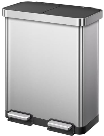 EKO Hana Deluxe Bote de Basura 40L+28L (68L) Doble Compartimento | Pedal Metálico | Acero Inoxidable Premium | Cubos Interiores Extraíbles | Ideal para Reciclaje en Cocina