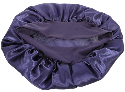 PAMINGONO Solid Color Elastic Patchwork Women’s Satin Sleep Cap with Ear Protection, Soft Hair Wrap Night Hat for Home Use, Female Bathing Shower Cap in Blue