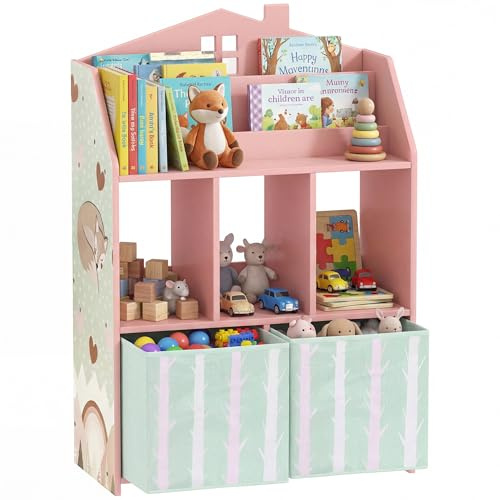 AIYAPLAY Scaffale Portagiochi Bambini, Libreria Montessoriana Bambini in Legno, 2 Contenitori Rimovibili in Tessuto e Ripiani, Mobile Scaffale Porta Giocattoli per Cameretta, 62.5x30x91.5cm Rosa