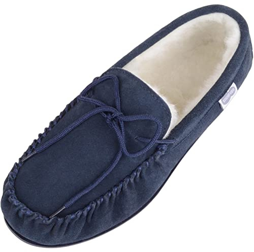 SNUGRUGS Men's Monty Suede Wool Rubber Sole Moccasins, Navy 8 UK / 42 EU
