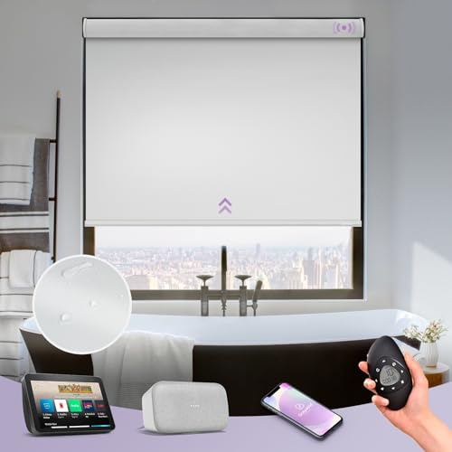 Graywind Motorized Roller Shade Blinds 100% Blackout Shades Cordless Waterproof Remote Control Window Automated Blinds with Valance Custom Size for Smart Home and Office, White
