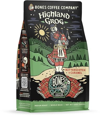 Bones Coffee Company Highland Grog, Butterscotch Caramel Flavored Coffee, Medium Roast Low Acid Arabica Beans Compatible with Auto drip and French Press Coffee Maker, 12 Oz Whole Bean