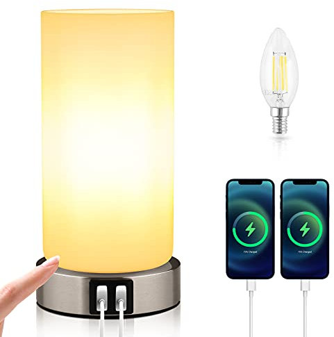 SYOND Nachttischlampe, Tischlampe Touch Dimmbar, E14 Moderne Tischleuchte, 2 Usb-AnschlüSse, 3 Helligkeitsstufen, für Schlafzimmer, Wohnzimmer, Kinderzimmer(EnthäLt Leuchtmittel/Warmes Weiß)