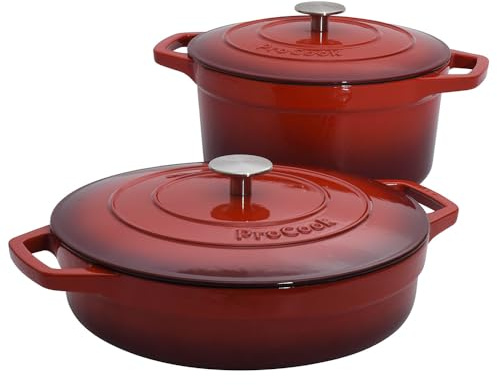 ProCook Red Cast Iron Casserole Dish Set with Self Basting Lids Induction & Oven Safe Modern Cookware - 2 Piece, 24/28 cm, 3.9/4.7 L